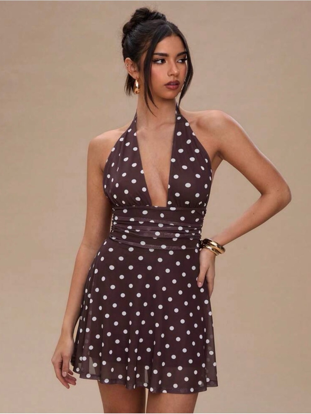 Polka Dot Halter Skater Dress in Chocolate Brown